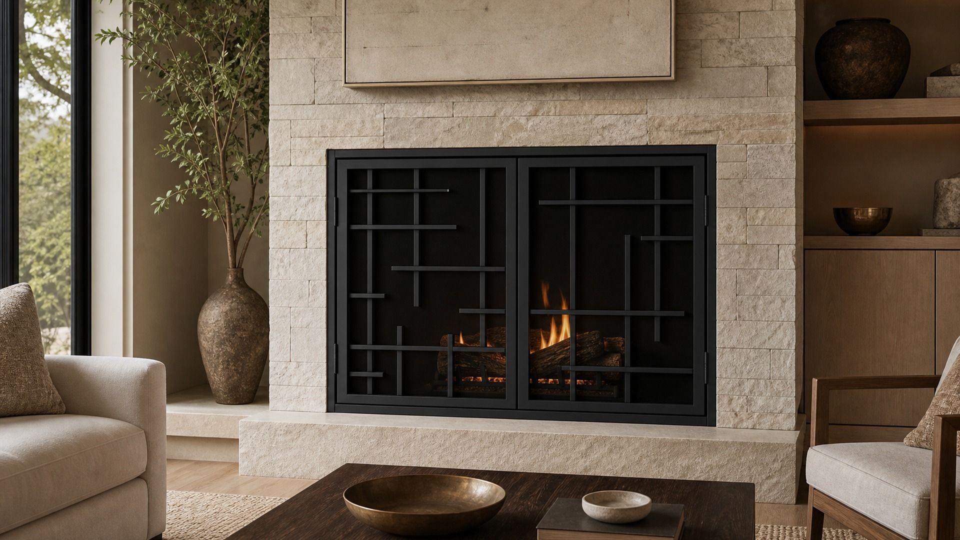 Modern custom fireplace screen with asymmetric steel bar pattern