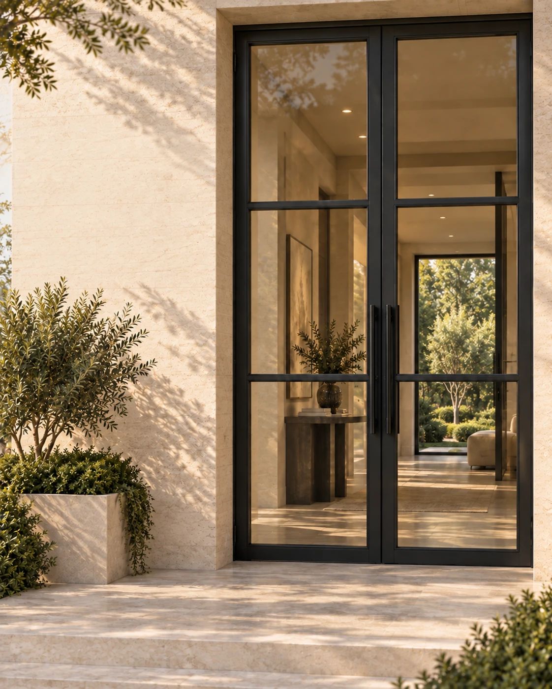 Modern paired steel and glass entry doors in warm limestone