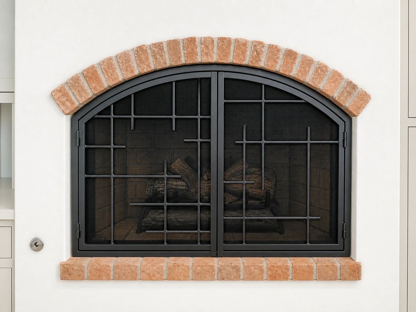 Closed double-panel arched fireplace screen with geometric steel crossbars and mesh
