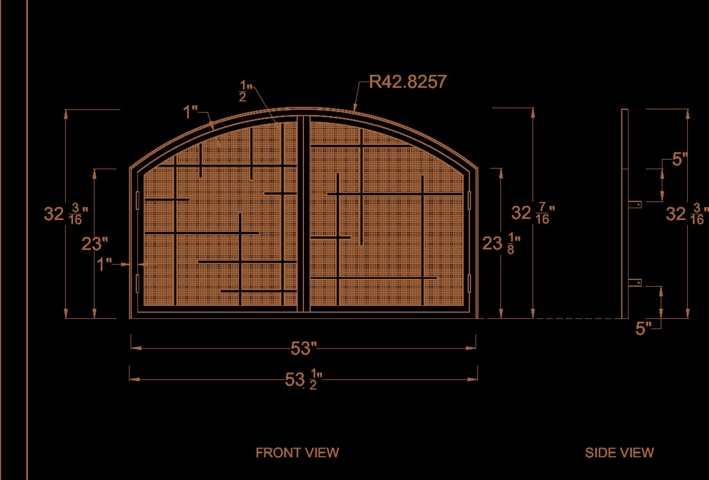 Public-safe linework from the approved drawing for the arched two-panel fireplace screen