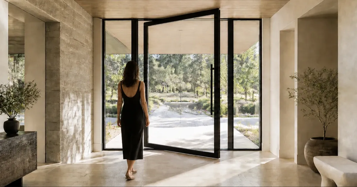 Open black steel-and-glass pivot door with sidelights in a limestone entrance