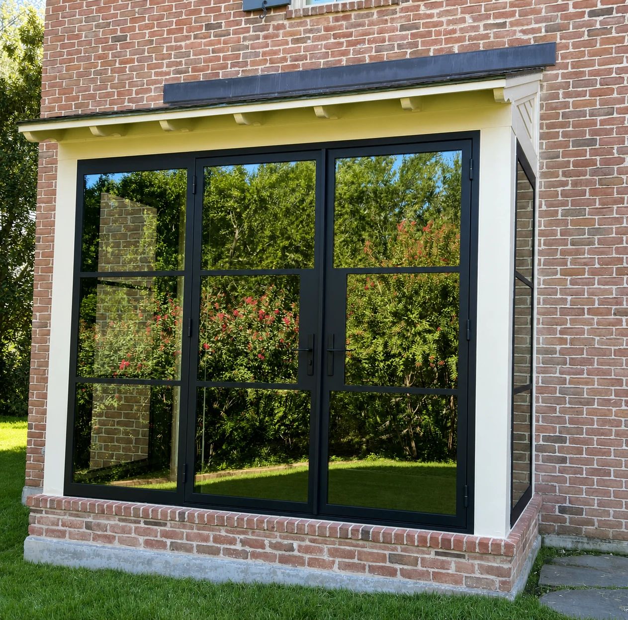 Projecting brick window box rebuilt with broad bronze steel-and-glass lites