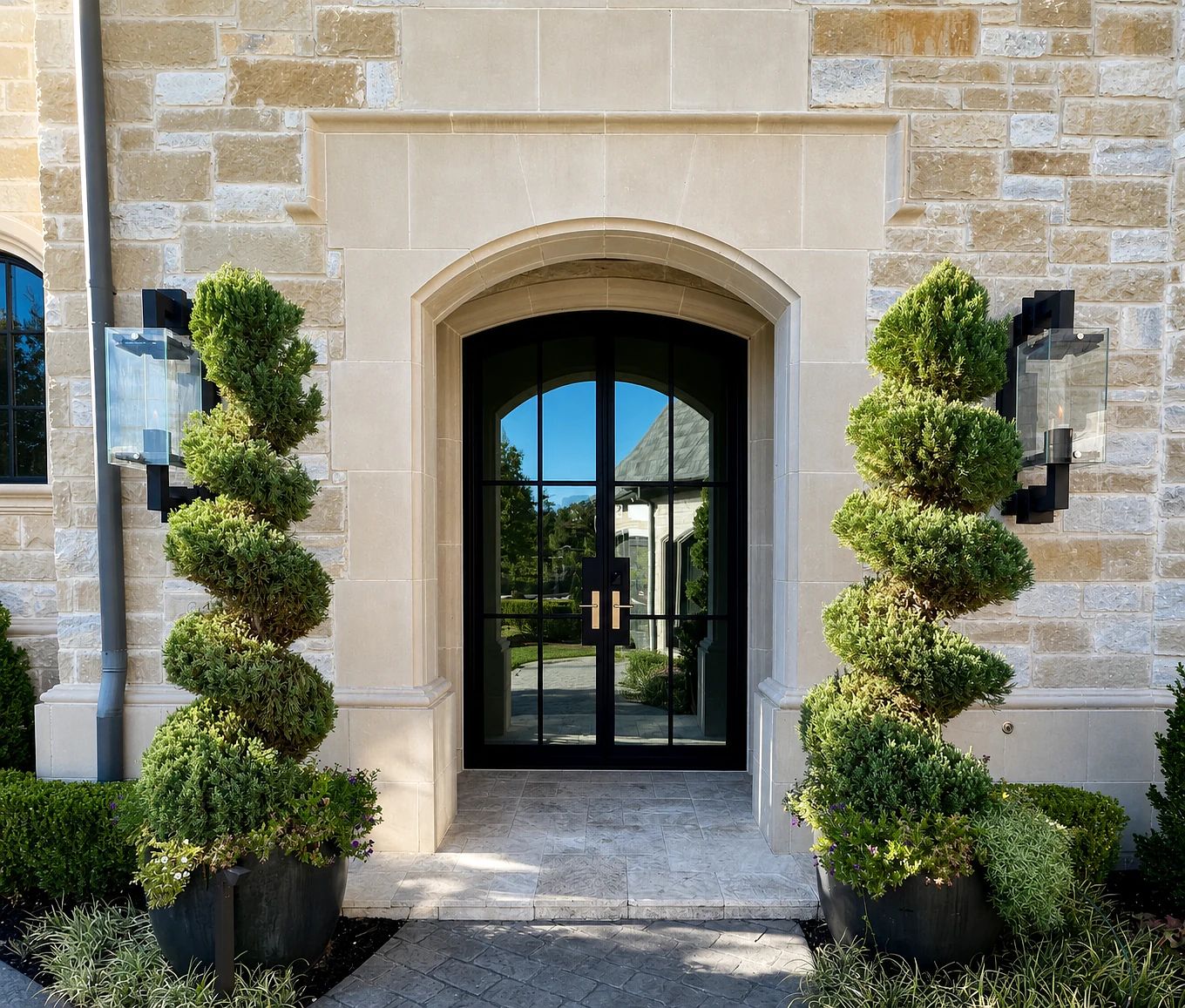 Arched black steel double entry with switchable-privacy glass and satin-brass hardware at a Plano, Texas residence