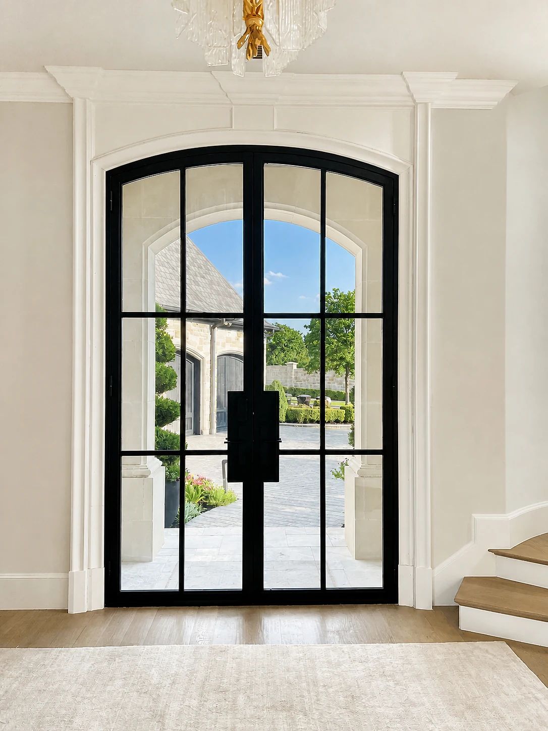 Interior view of a Plano smart-glass steel entry in its transparent clear state