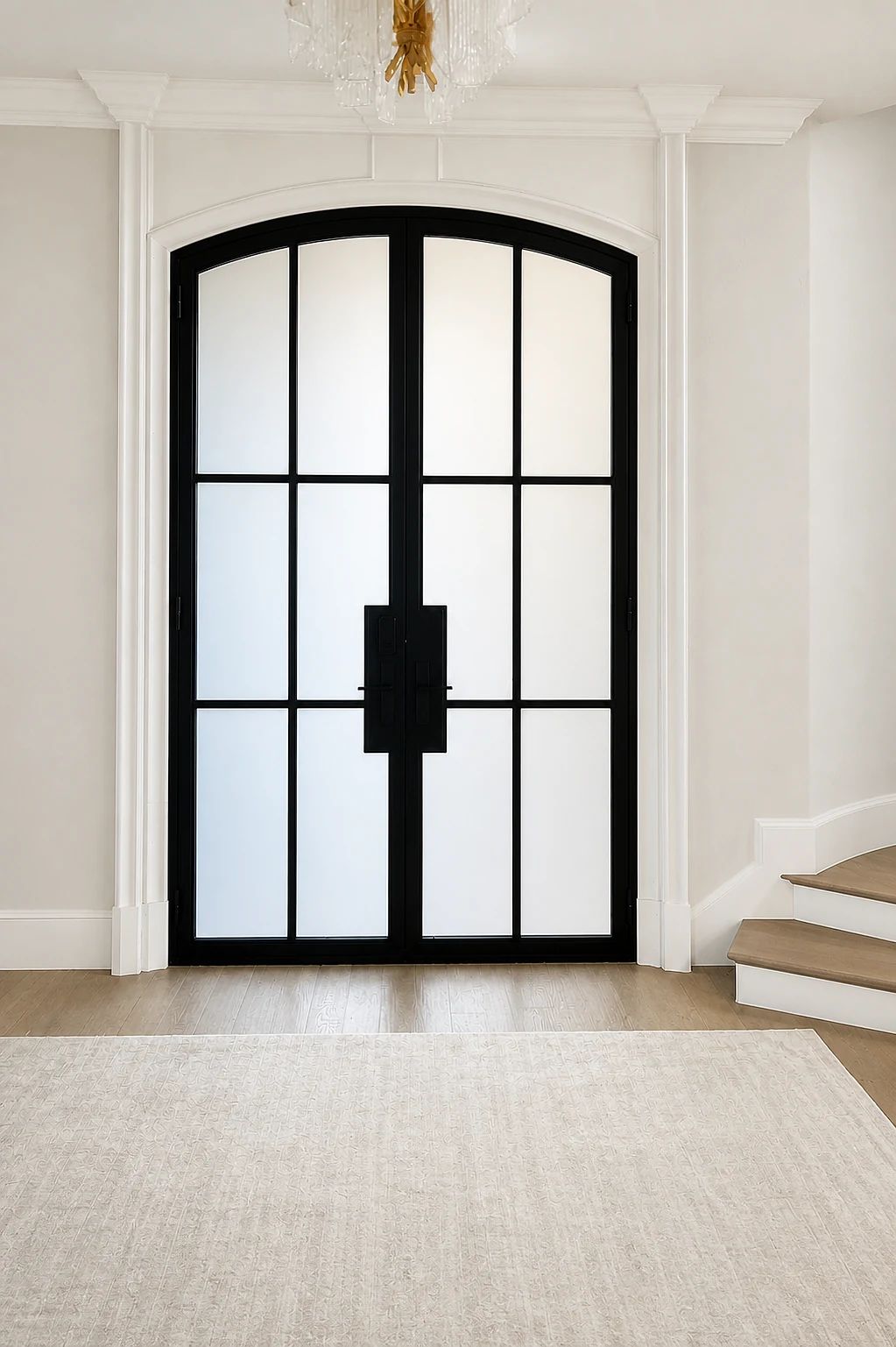 Interior view of the same Plano smart-glass steel entry in its diffuse privacy state