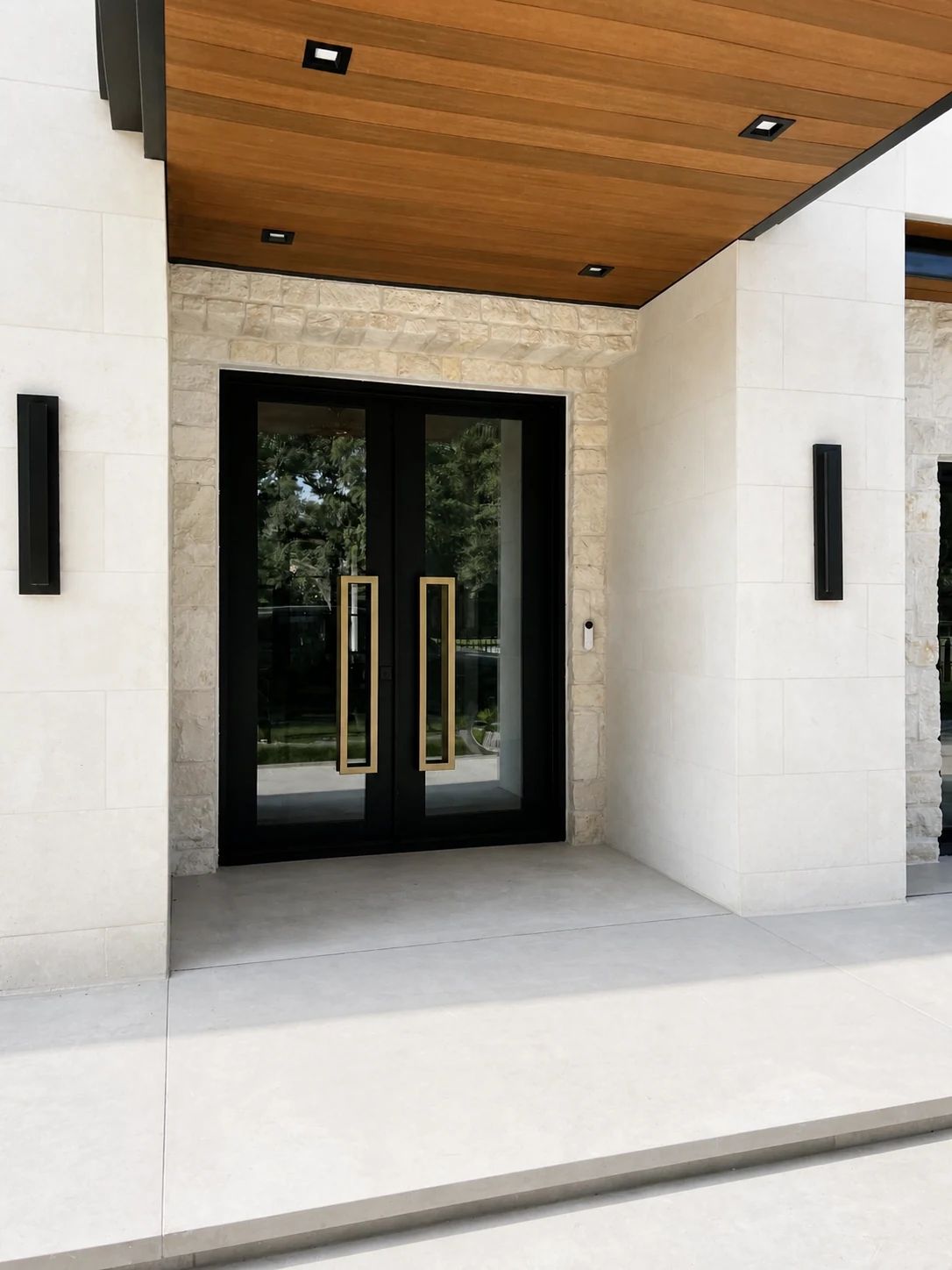 Black steel-and-glass front entry with gold pulls in Preston Hollow