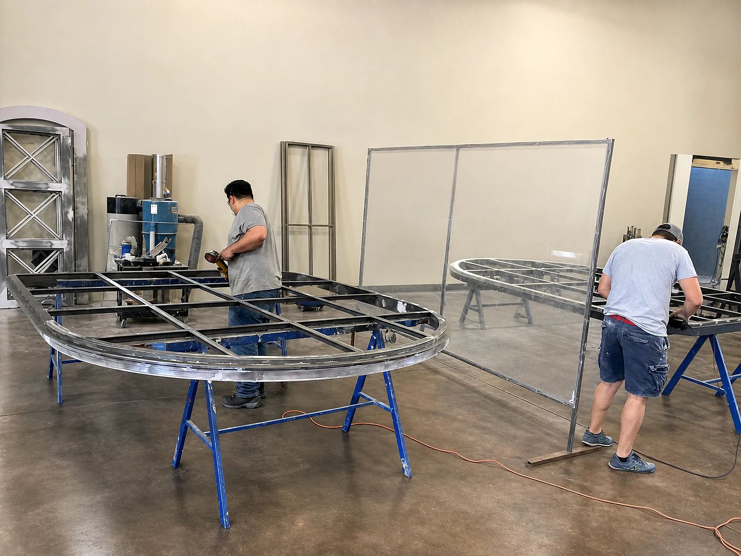D’Hierro fabricators working on a large curved steel window frame in the Dallas shop