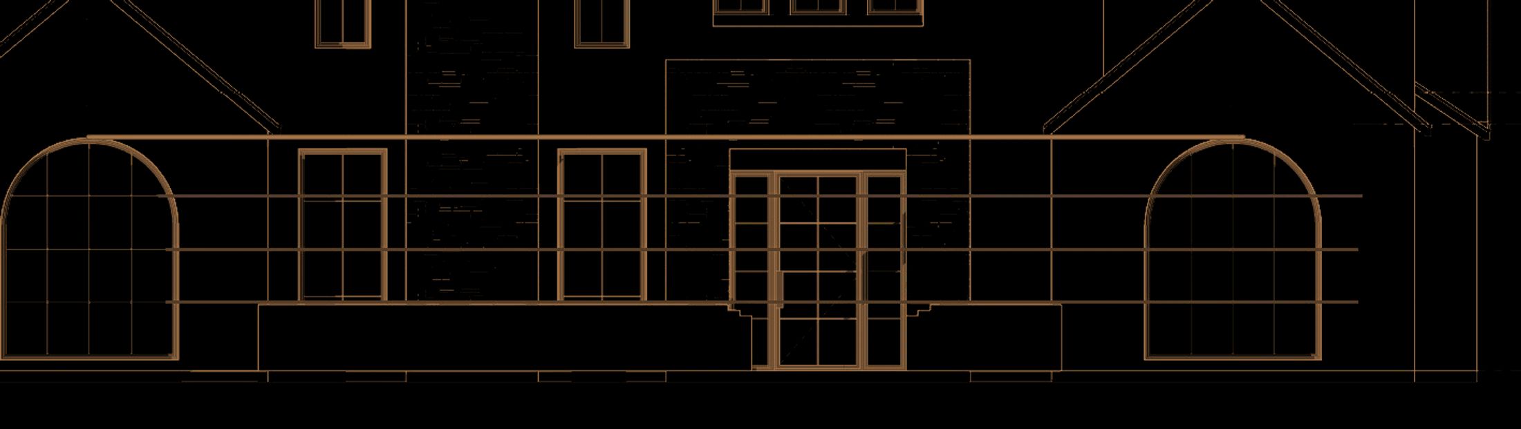 D’Hierro bronze linework showing pane-alignment references across the arched windows, entry, and neighboring openings