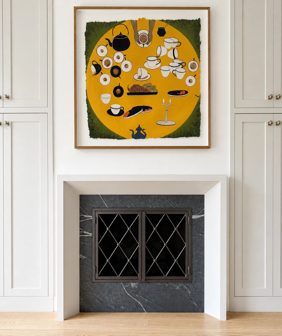 Metallic-brown diamond-lattice fireplace screen installed within a dark stone kitchen surround in Preston Hollow