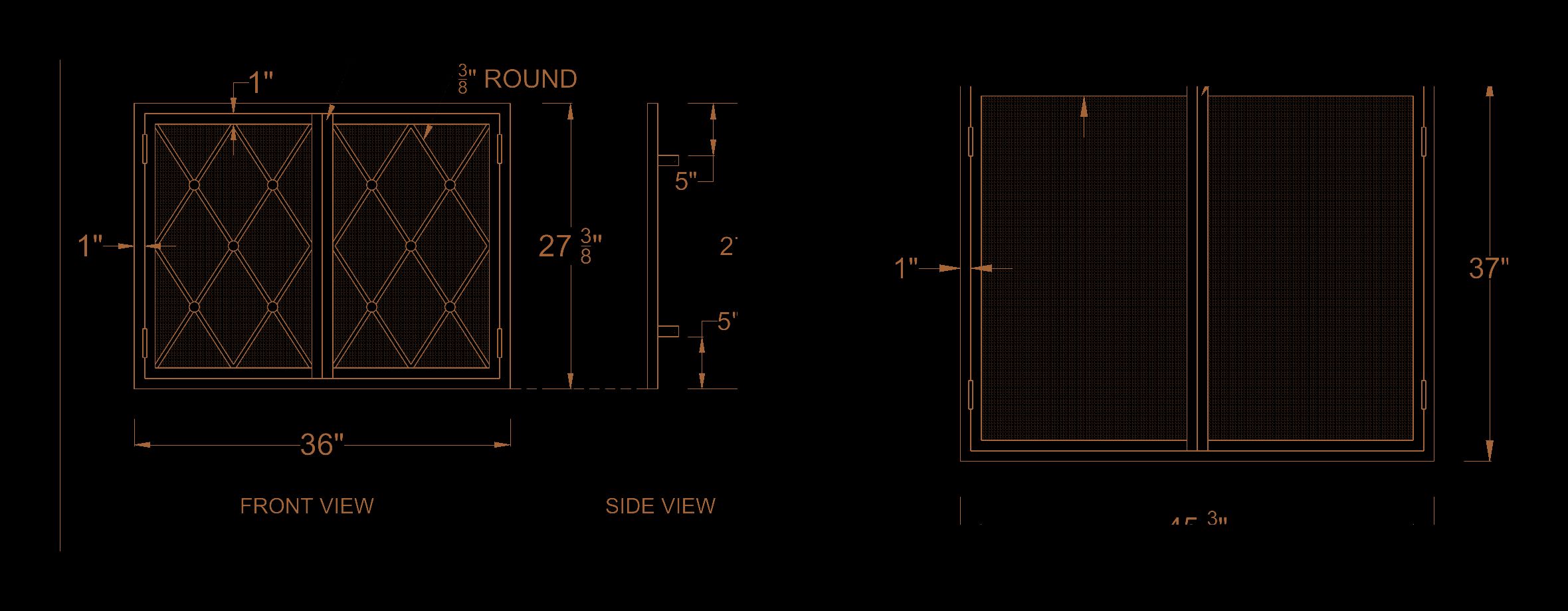 Public-safe linework from the approved kitchen and living-room fireplace-screen drawings