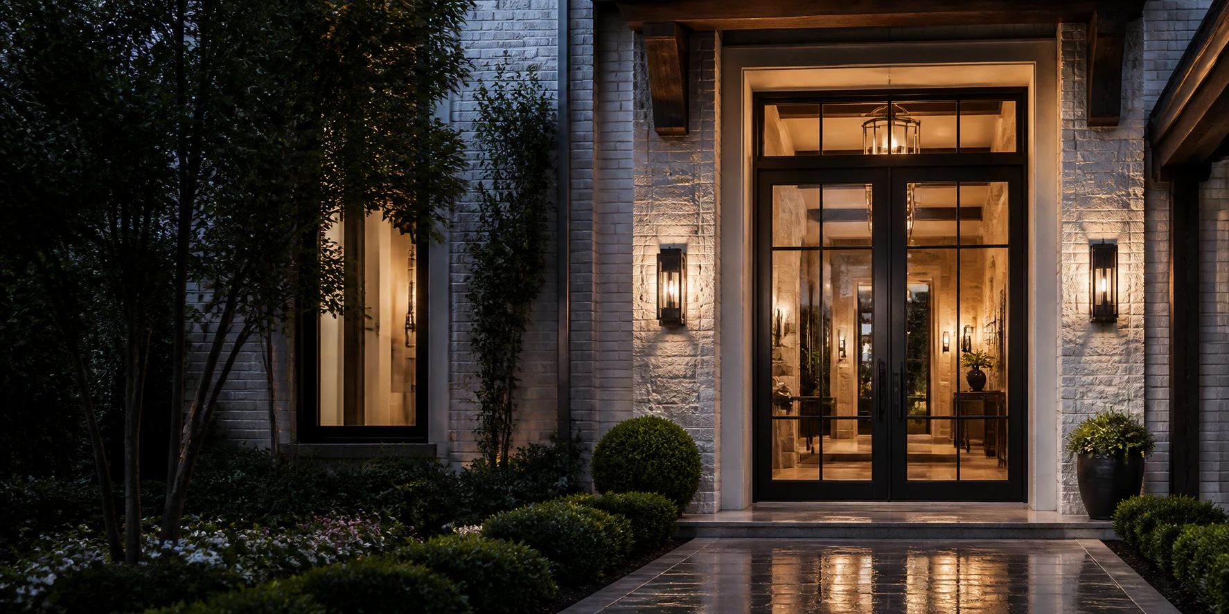 Modern black steel and glass double entry door on a warmly lit Dallas residence