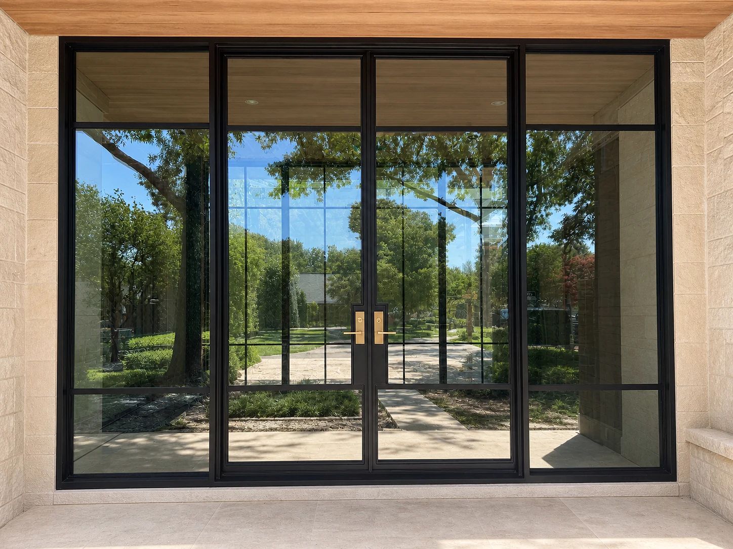 Complete oversized bronze steel double entry with full-height sidelites and satin-brass hardware in Richardson, Texas