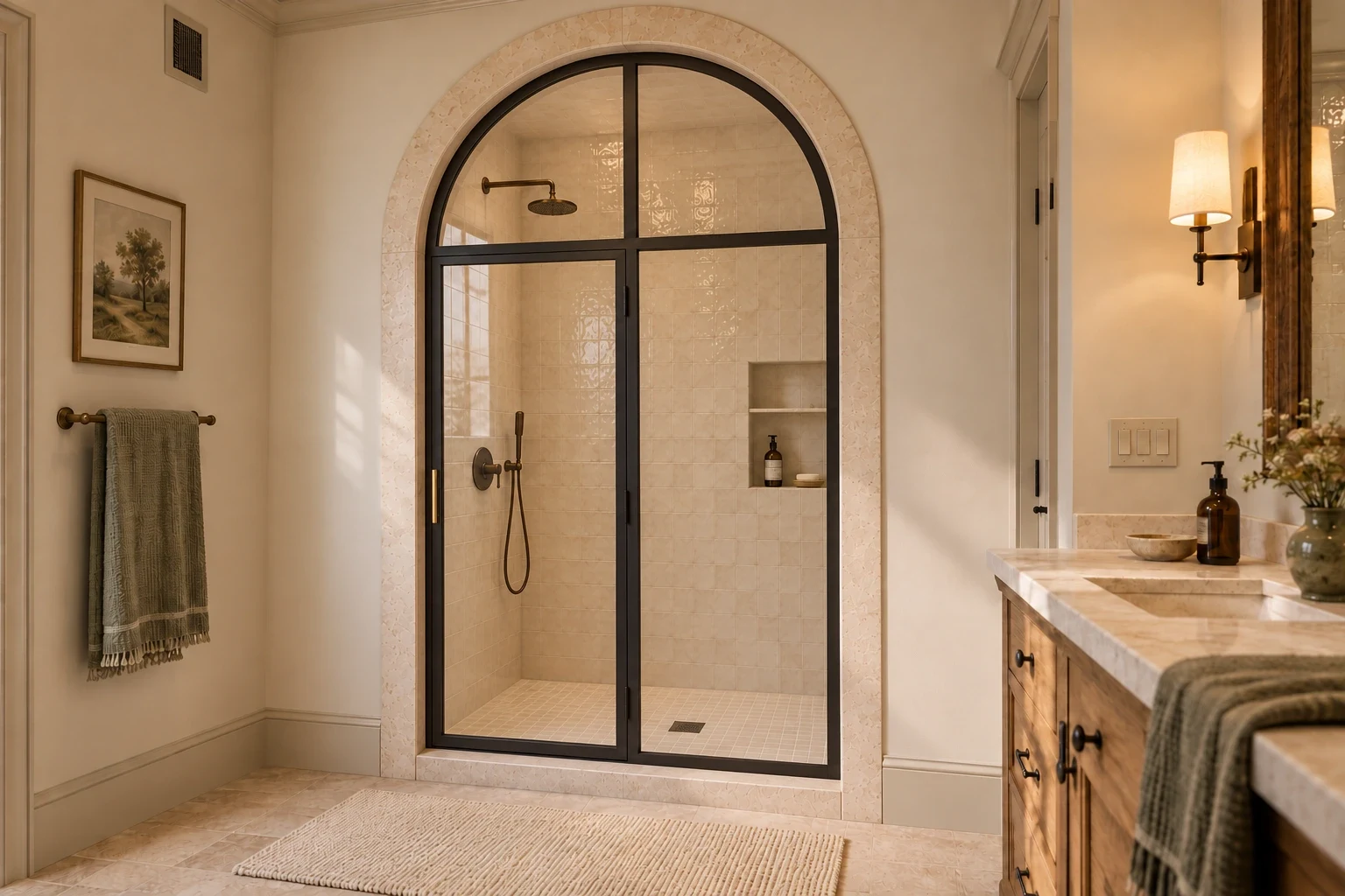 Arched shower enclosure; guest bath
