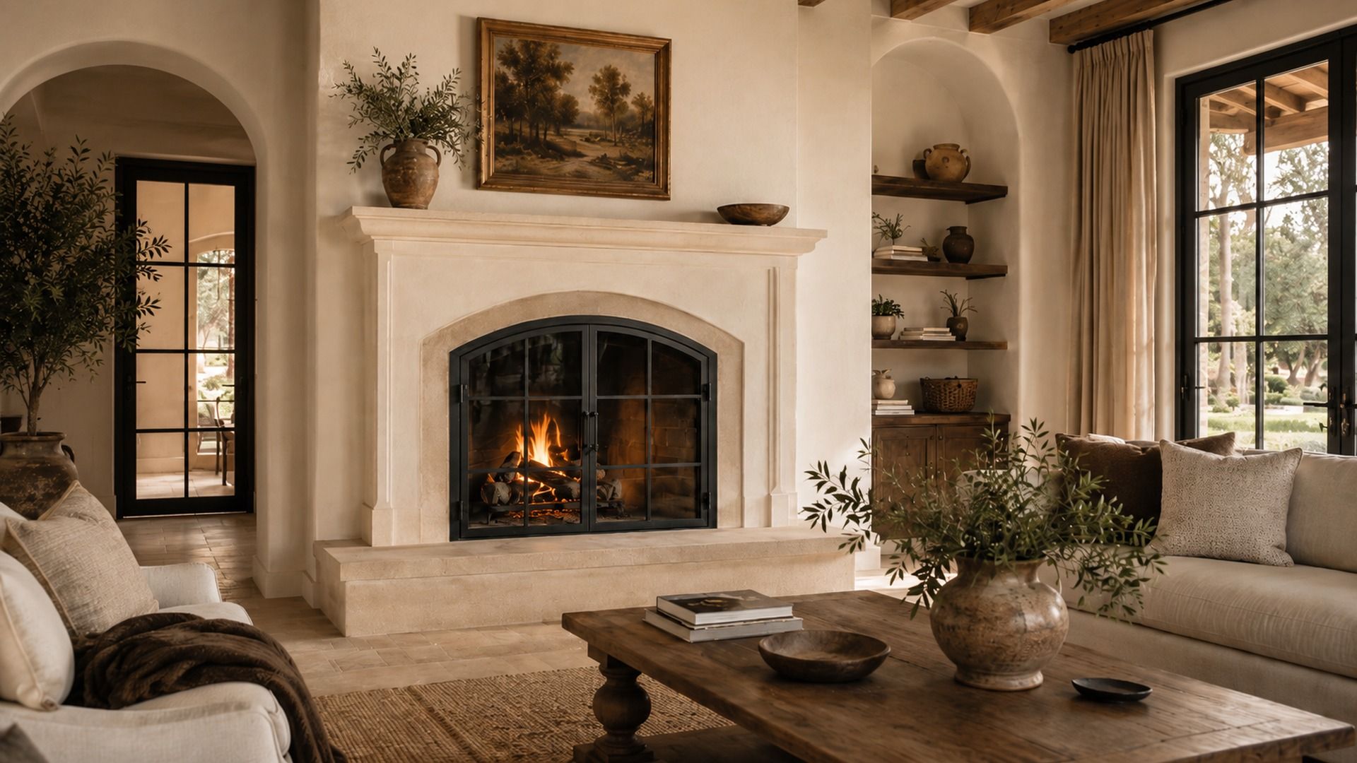 Custom arched steel fireplace doors in a plaster living room