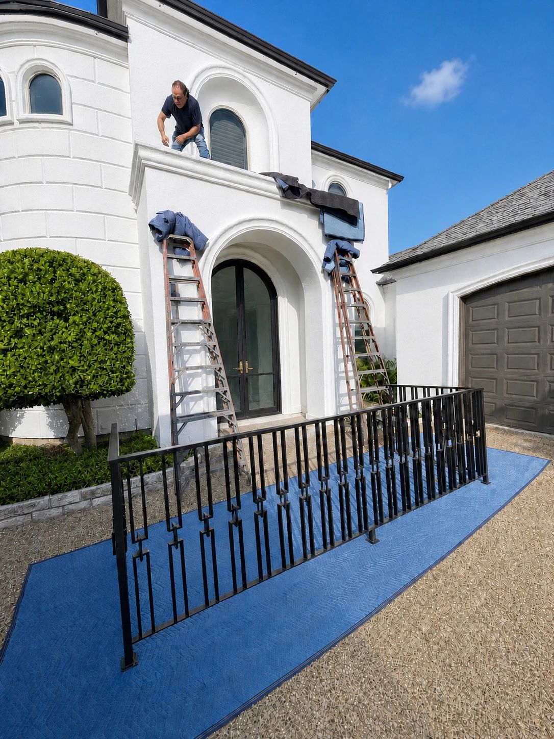 A D’Hierro installer fitting the balcony railing above the entry