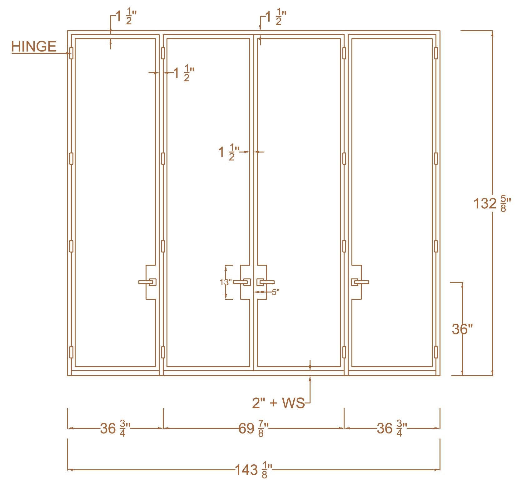 The approved shop drawing of the same four-leaf steel and glass wine wall, with hinges, pulls and dimensions