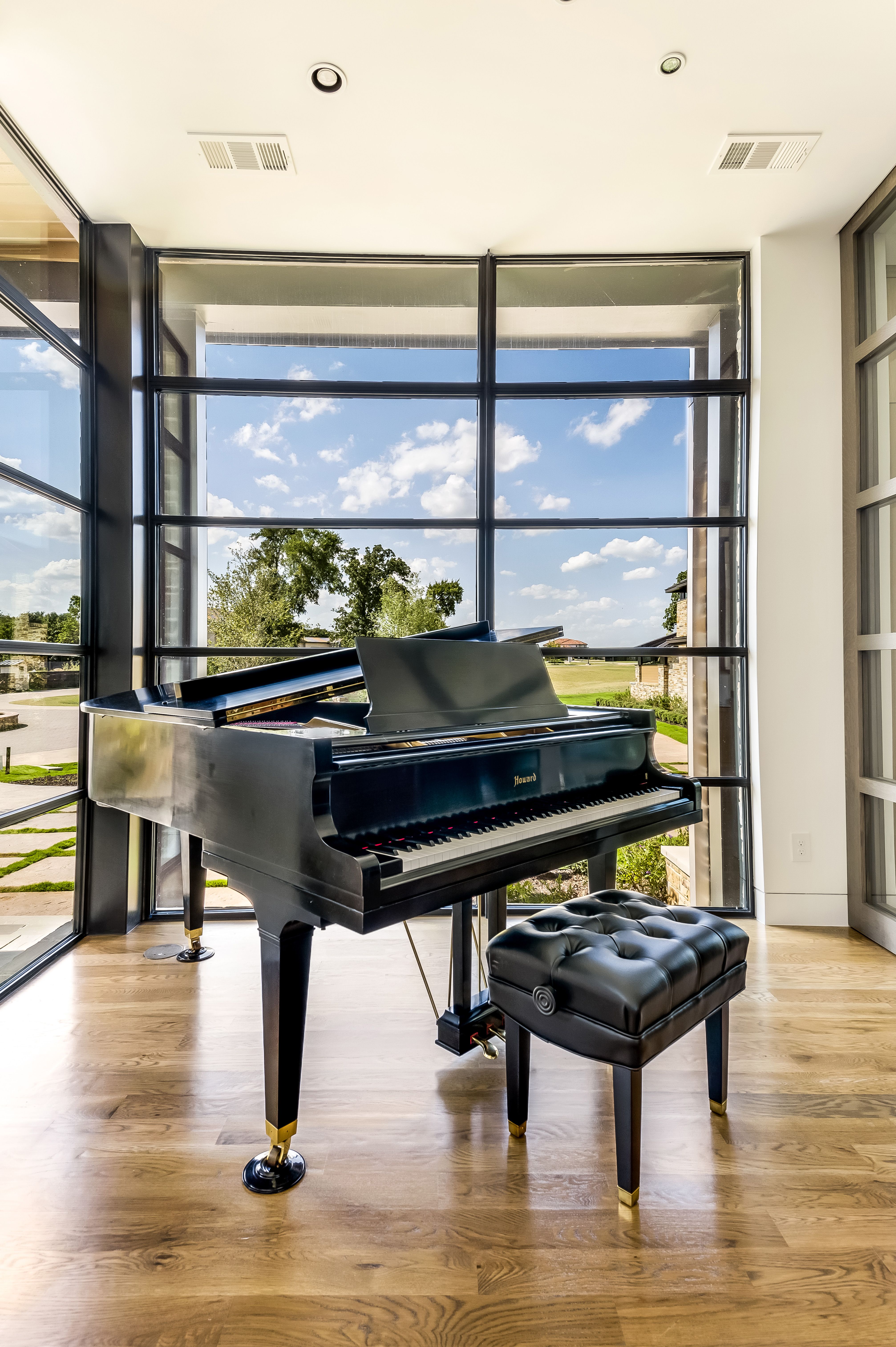 Detail of the piano-room steel-and-glass doors