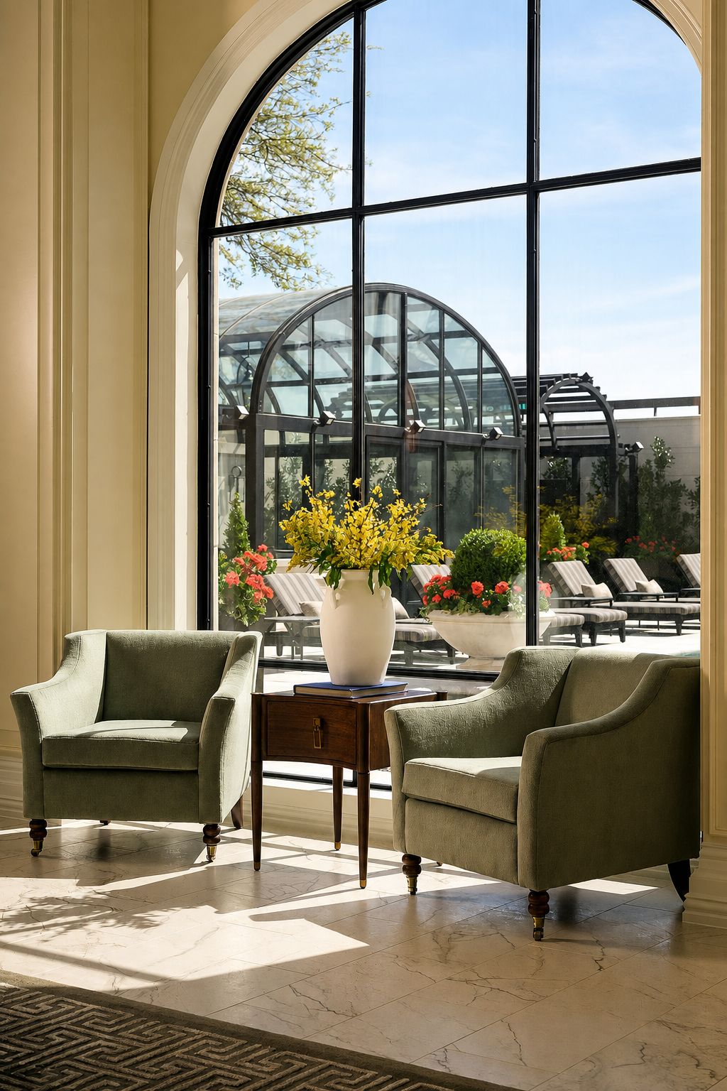 Garden room seating beneath an arched steel window wall