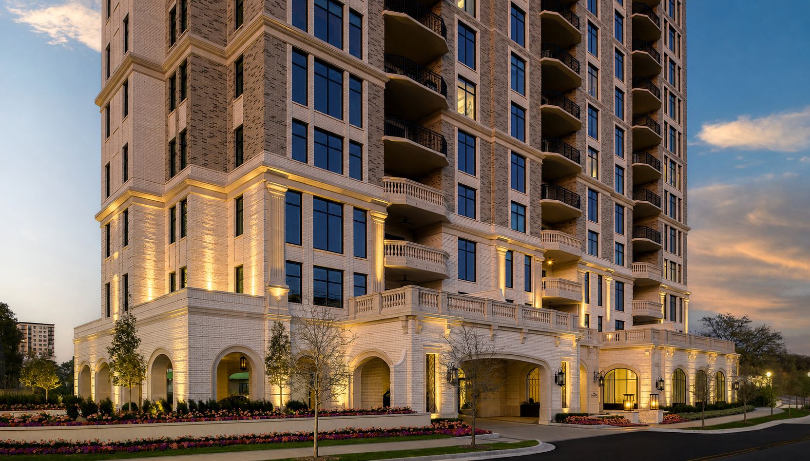 The Galatyn arched loggia exterior illuminated at dusk