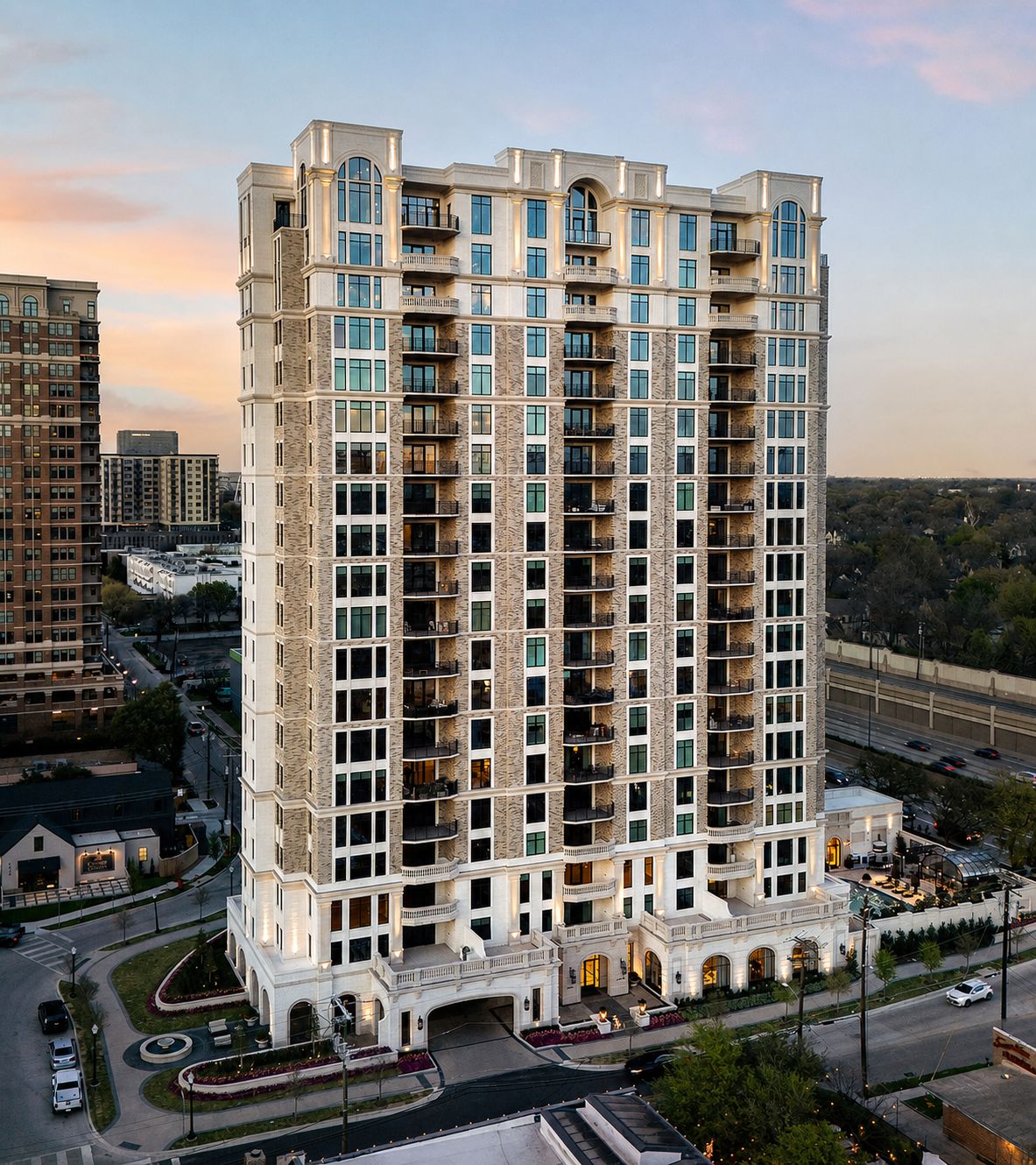 Aerial view of the full Galatyn tower at dusk