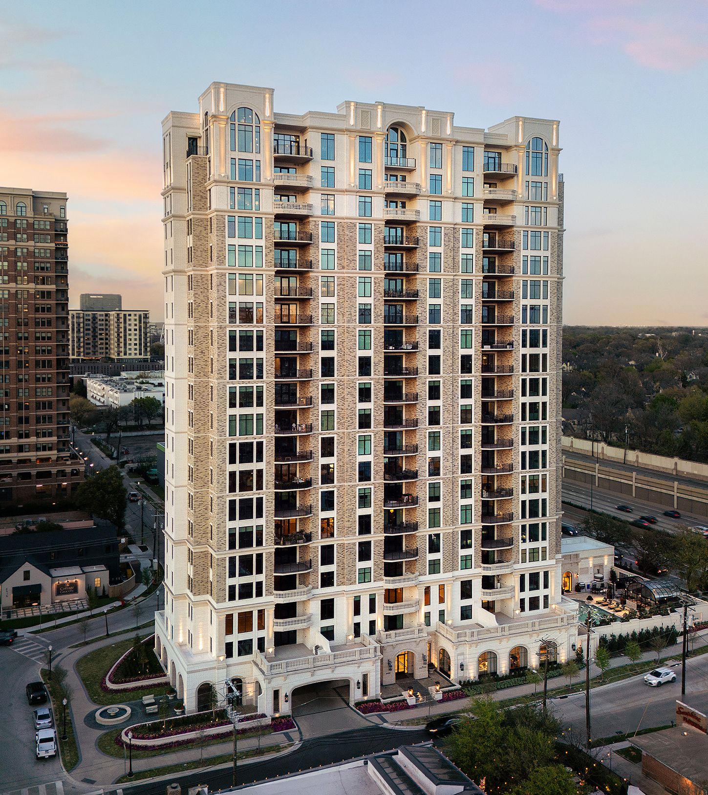 Aerial view of the full Galatyn tower at dusk