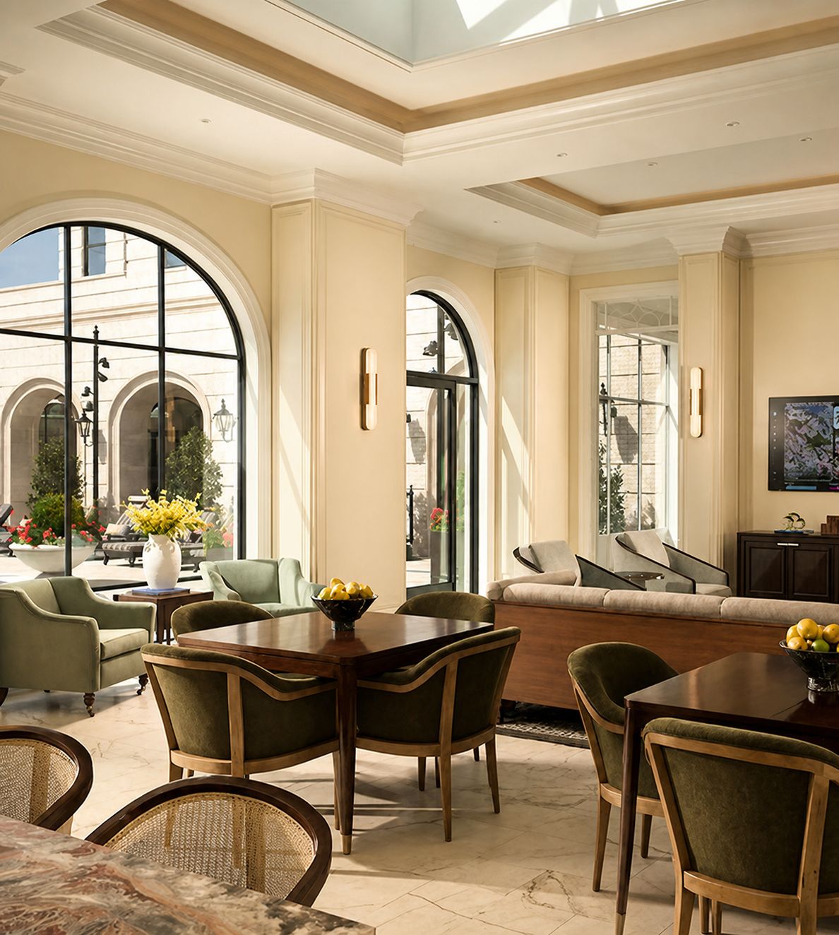 Garden-room dining beneath arched steel windows