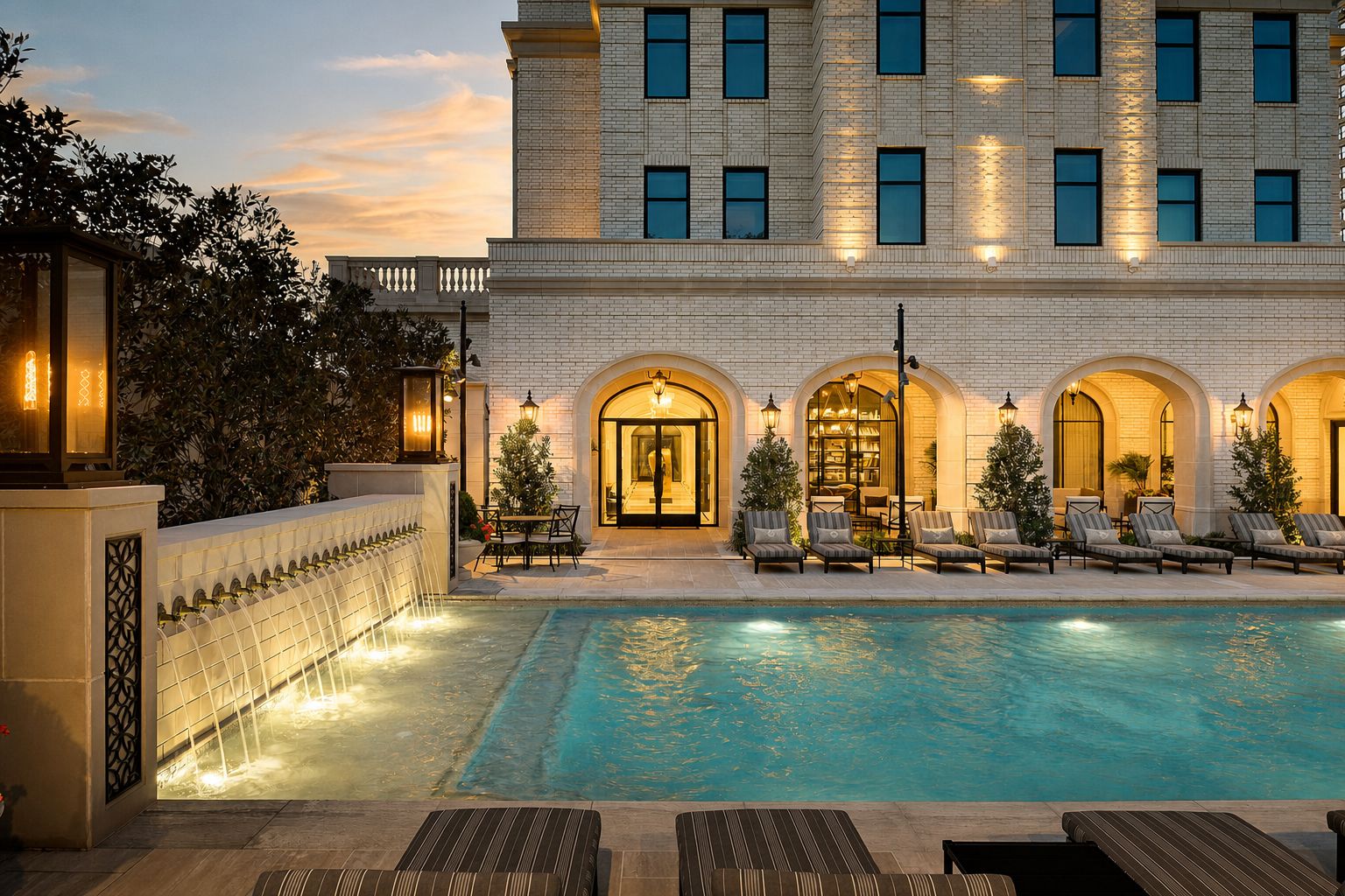 Pool court with sheer-descent fountain wall at dusk