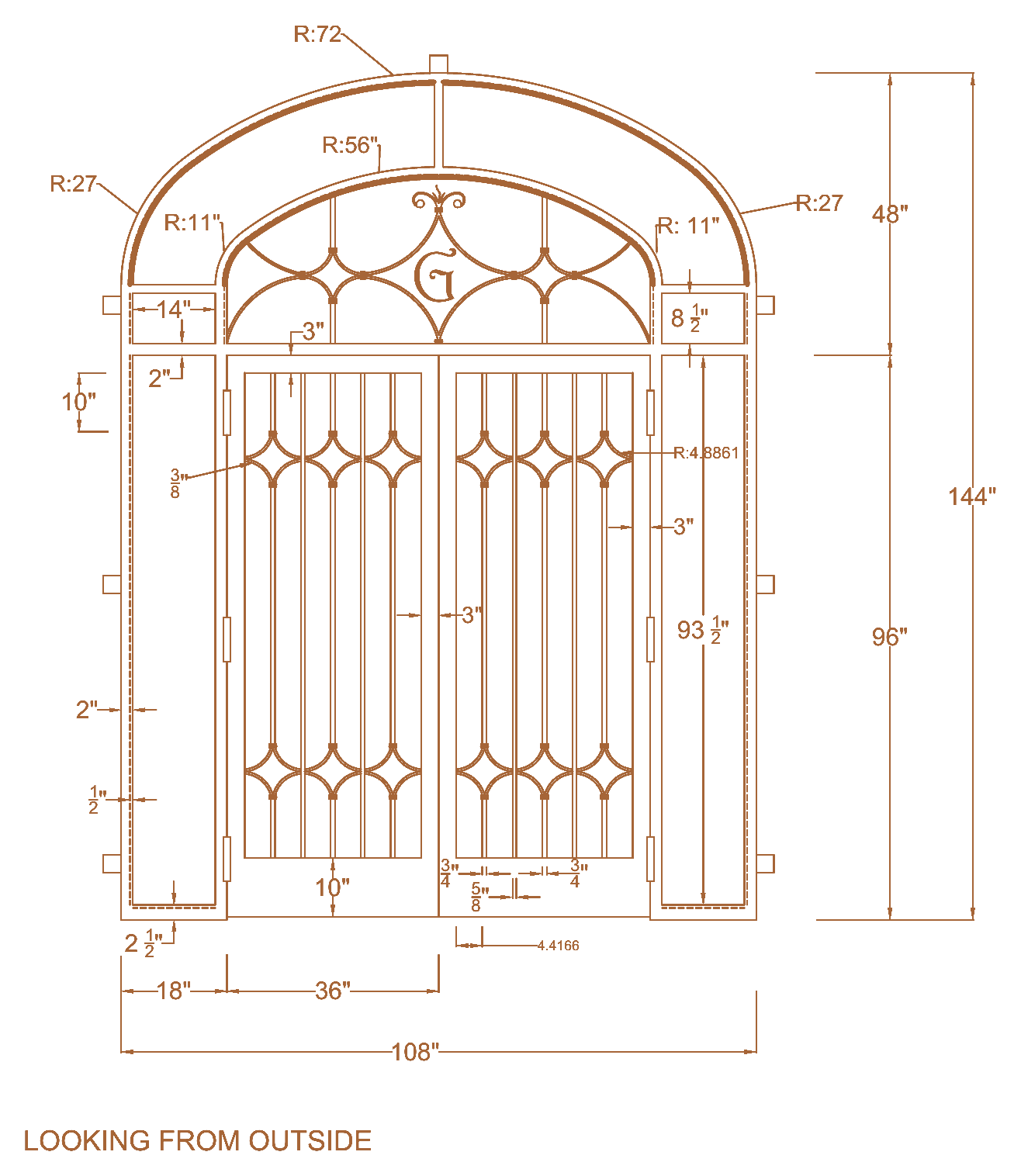 Approved shop drawing of an arched forged-steel entry with sidelights and a transom, 108 by 144 inches, with its radii and dimensions