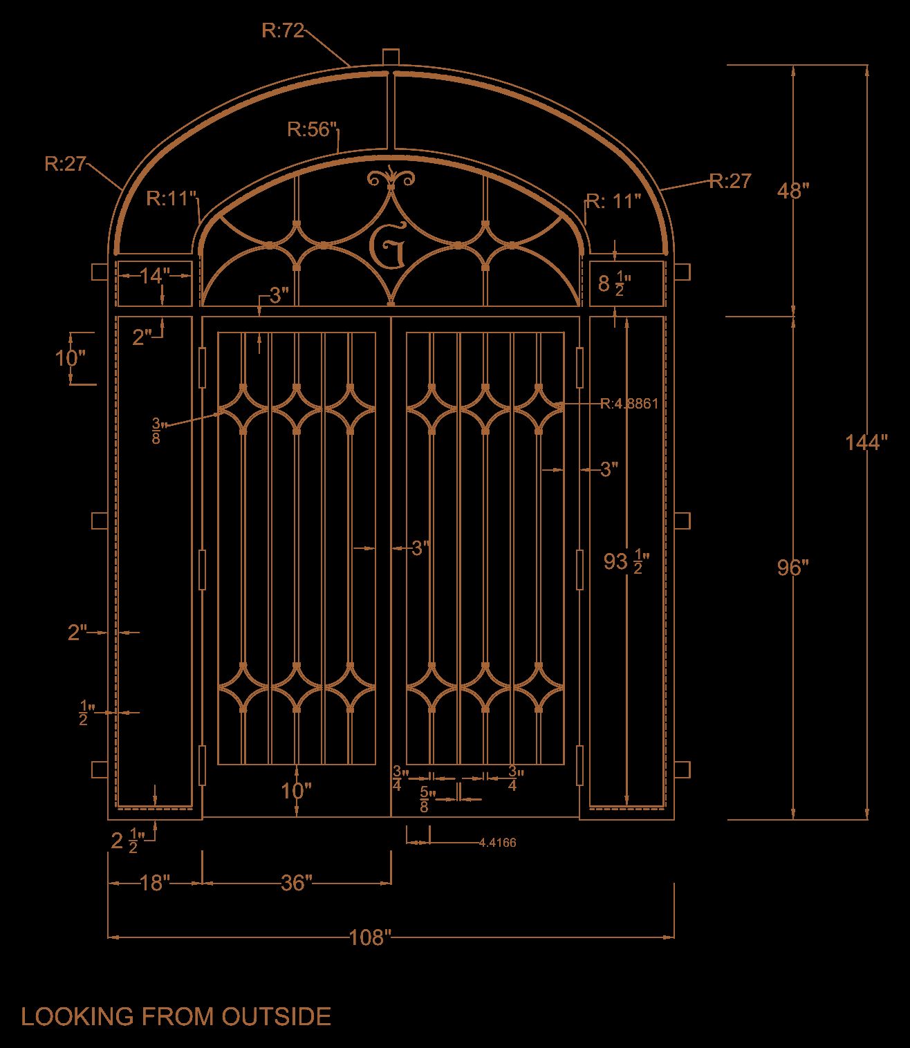 Public-safe linework from an ornate arched steel entry drawing for The Galatyn
