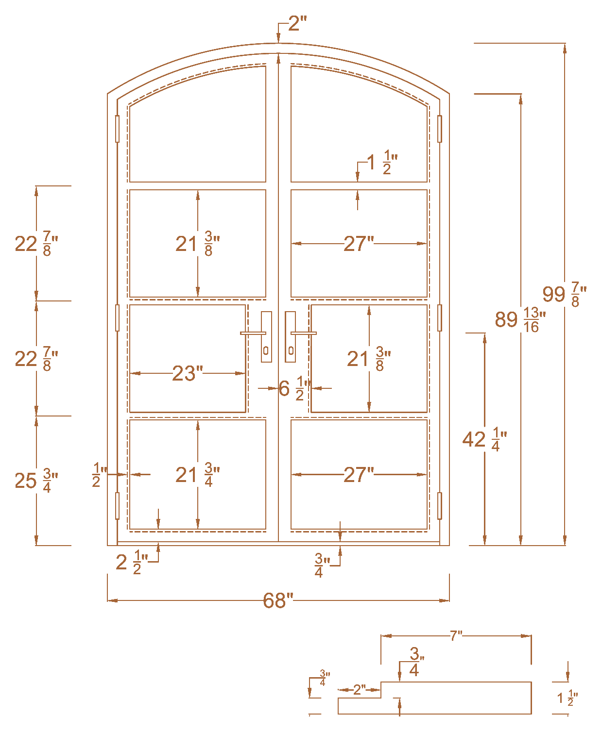 Approved shop drawing of an arched steel courtyard pair, 68 by 99⅞ inches, with its lites, hardware and profile detail