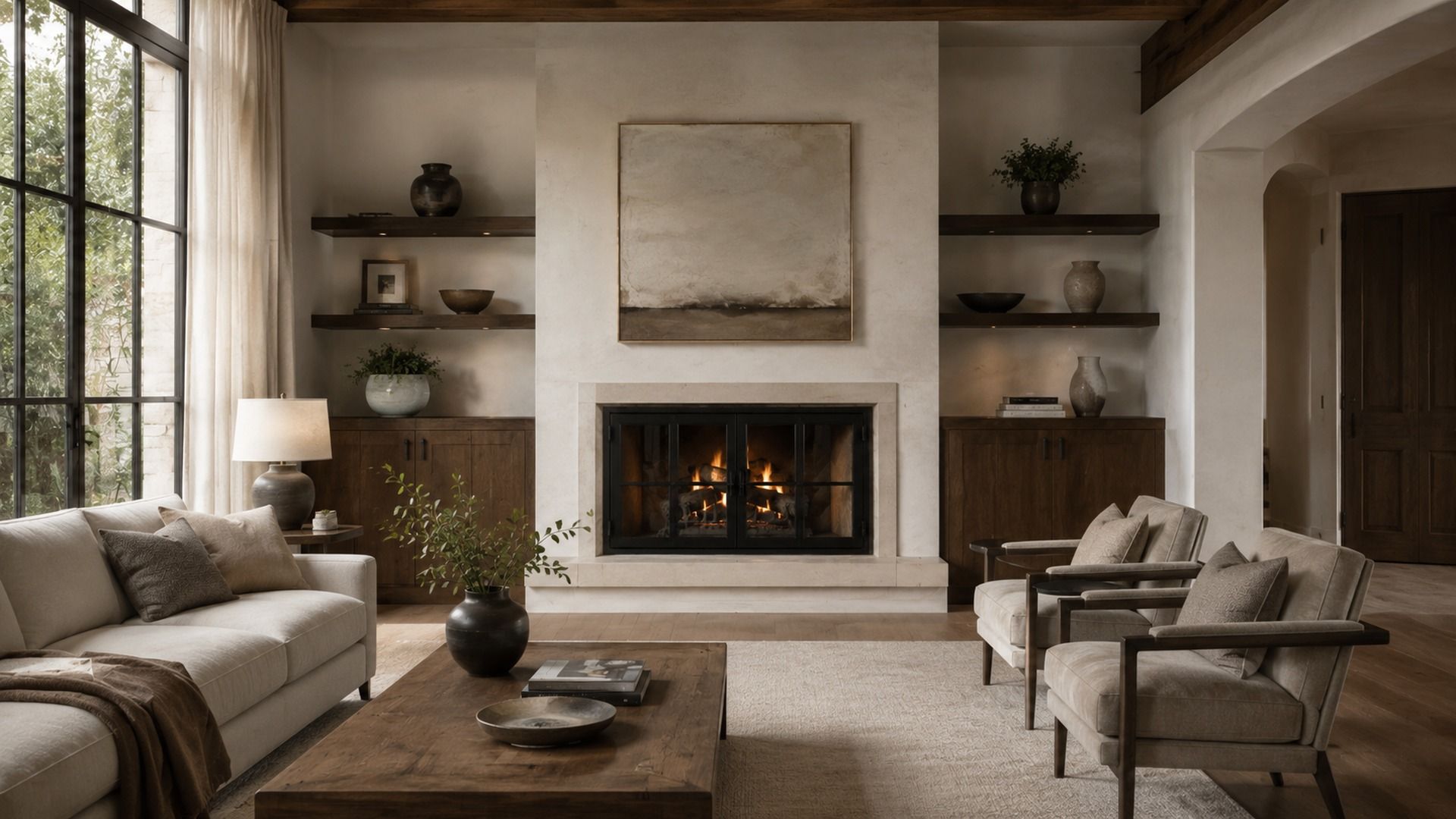 Inset fireplace doors in a warm plaster living room