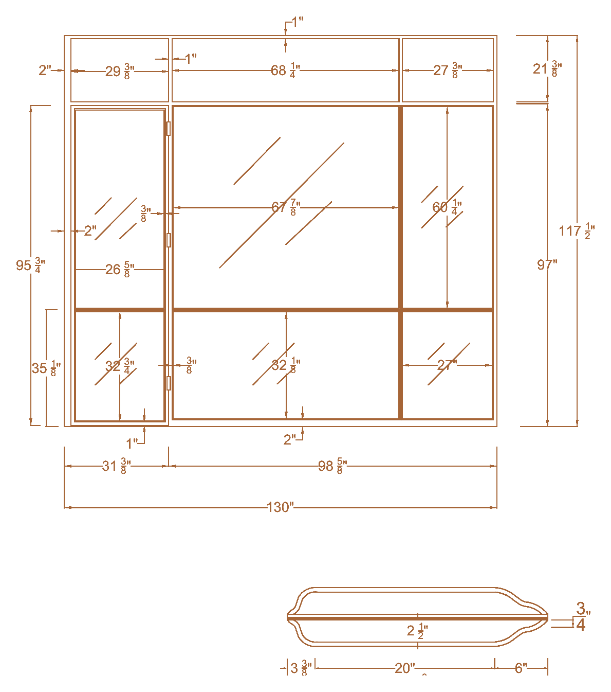 Approved shop drawing of a steel shower enclosure: a door, fixed lites and a transom, 130 by 117½ inches