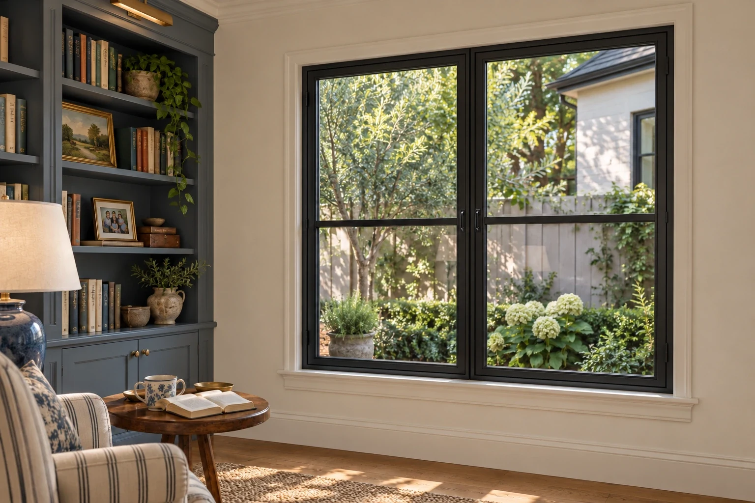 Paired casements; library garden reading corner