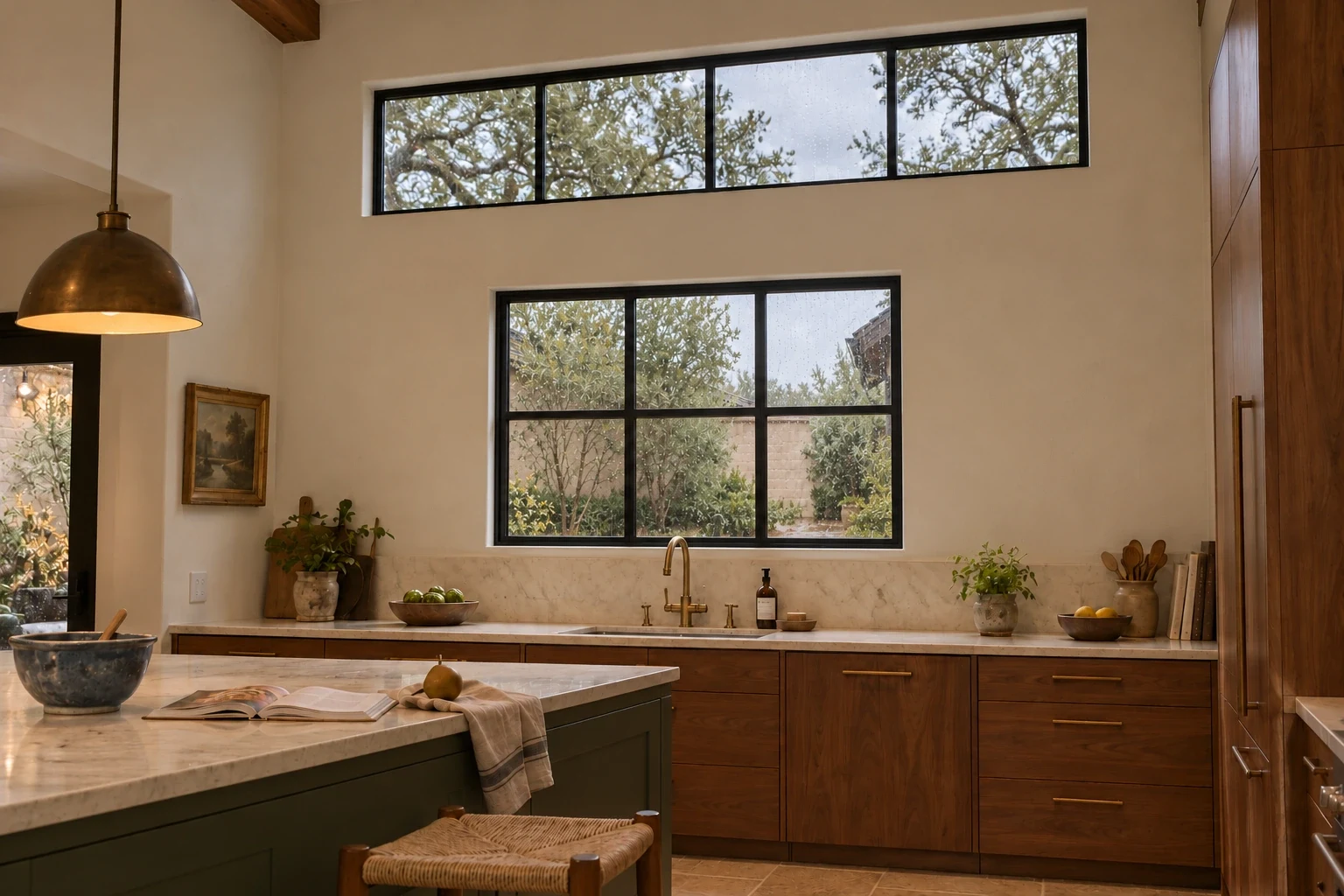 Clerestory and courtyard windows; kitchen and courtyard elevation