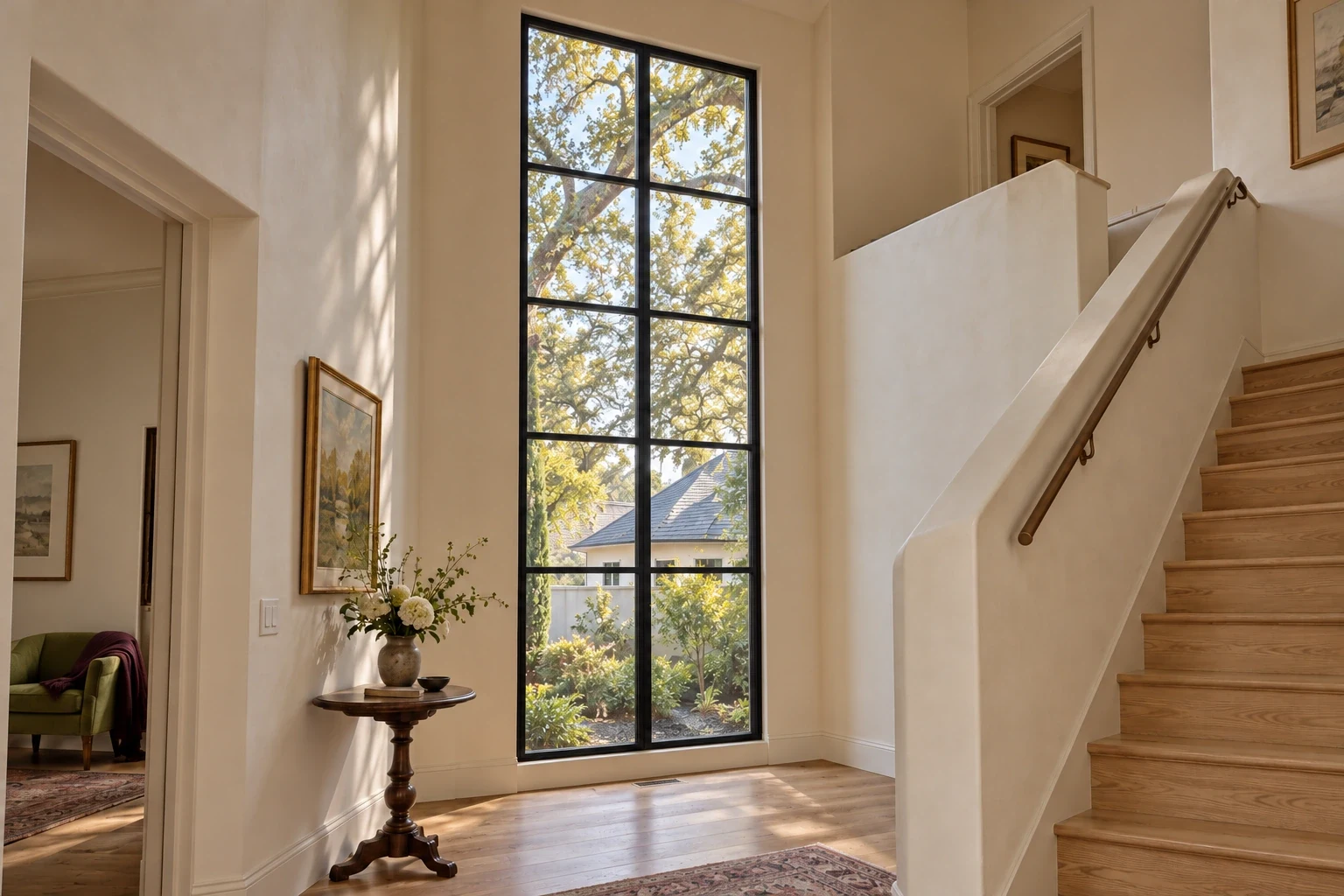 Double-height stair window; tall stair landing