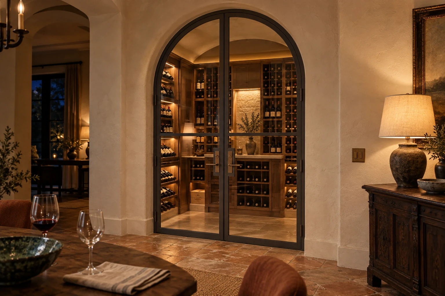 Arched wine room; dining-room wine alcove