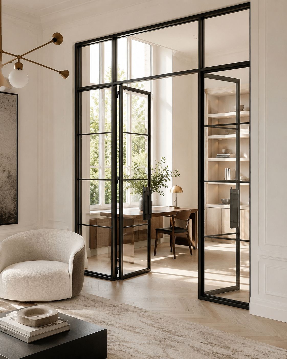 Steel interior door framing a sunlit study