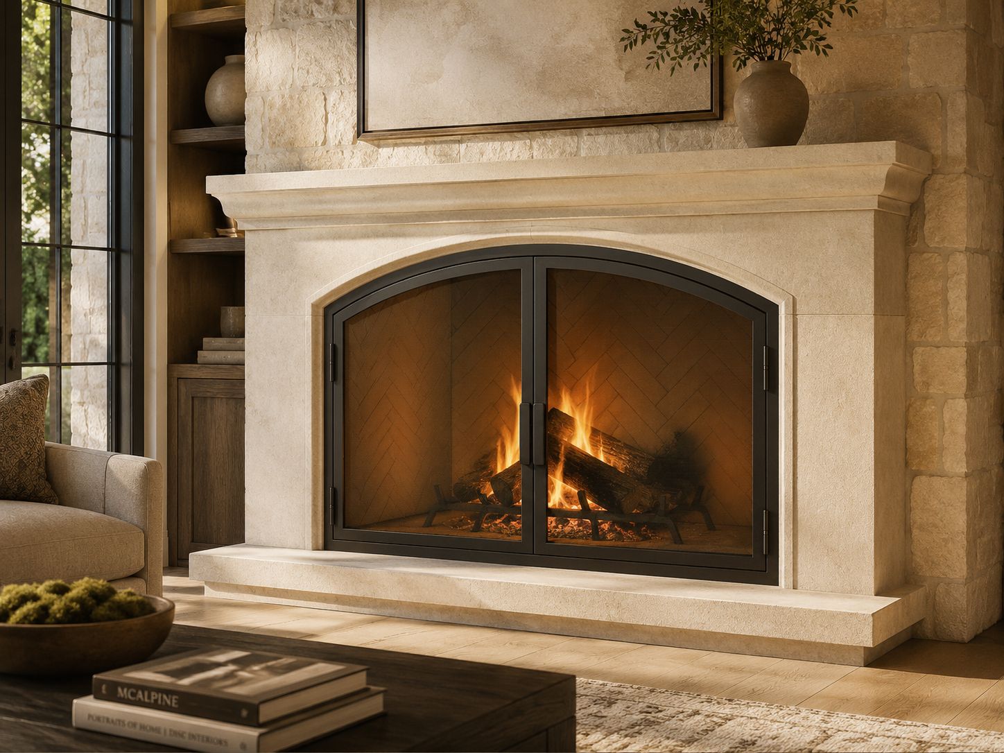Hand-forged steel inset fireplace screen by D’Hierro