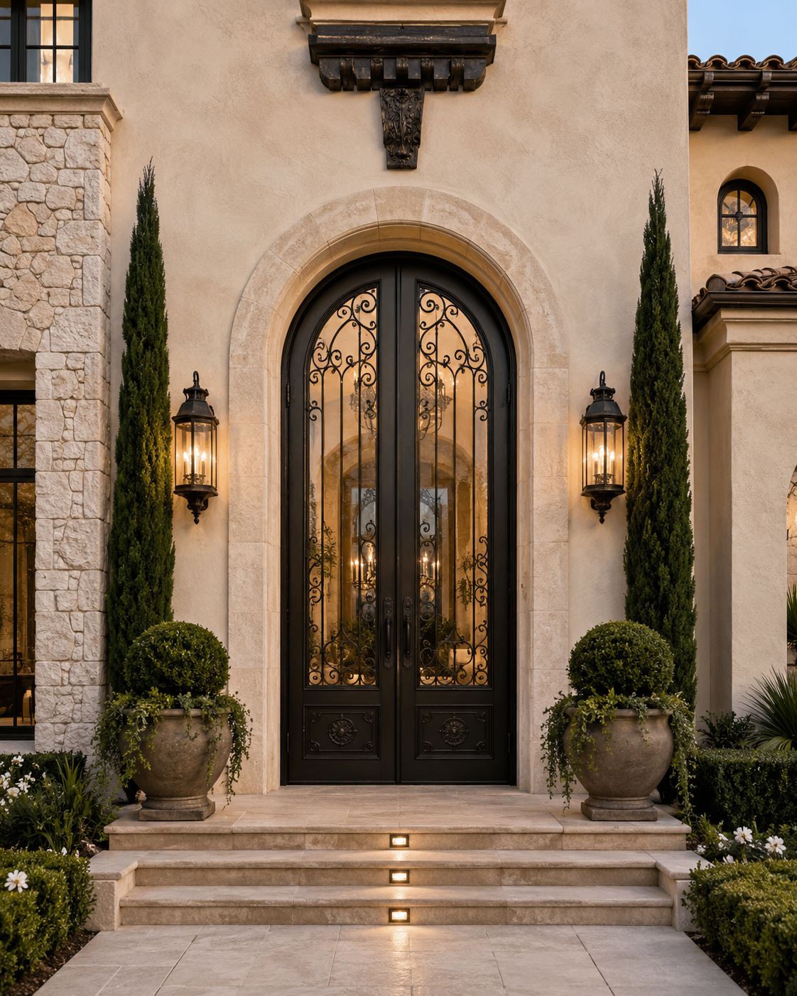 Hand-forged steel and glass door with scrollwork