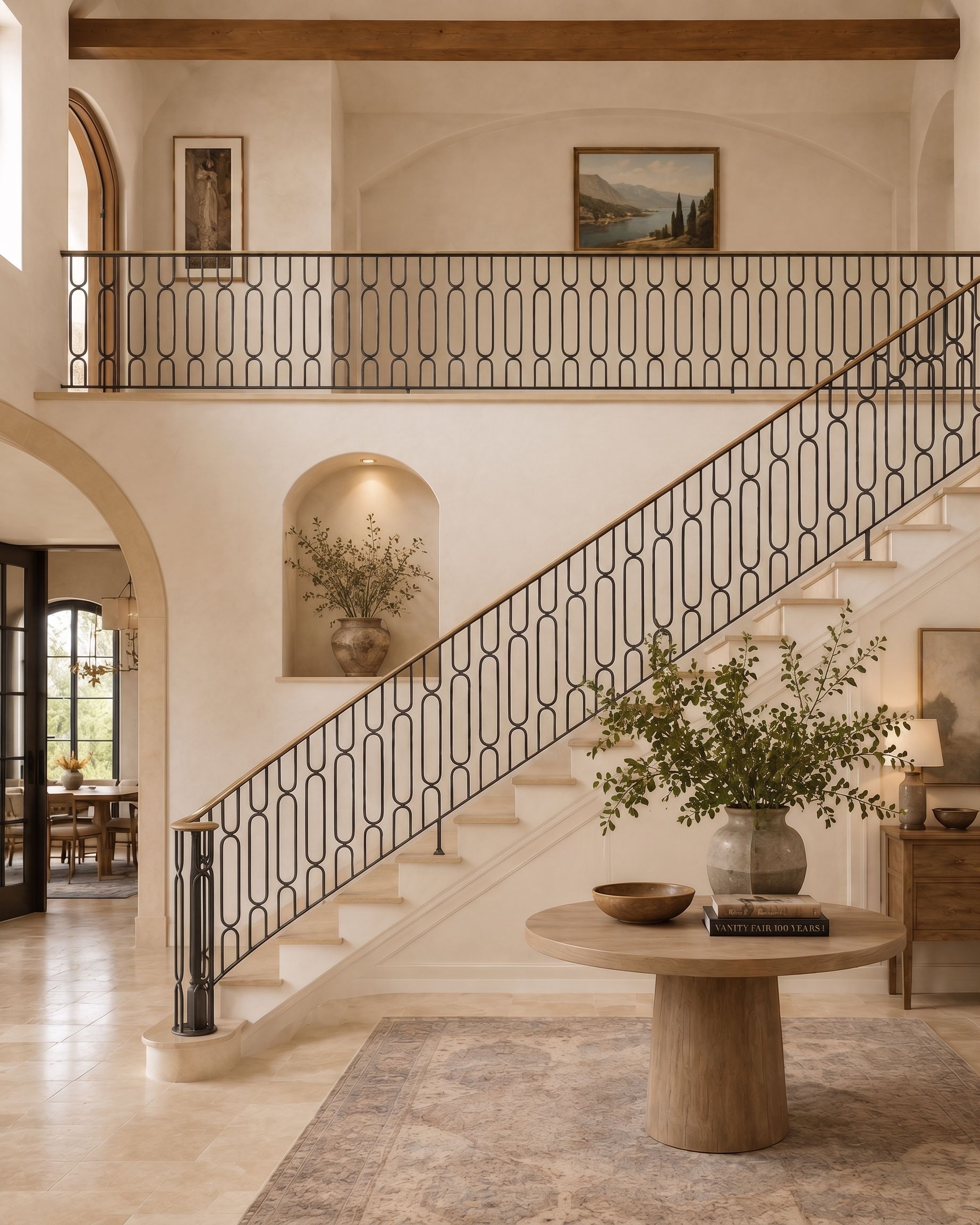 Hand-forged iron stair railing with brass handrail by D’Hierro