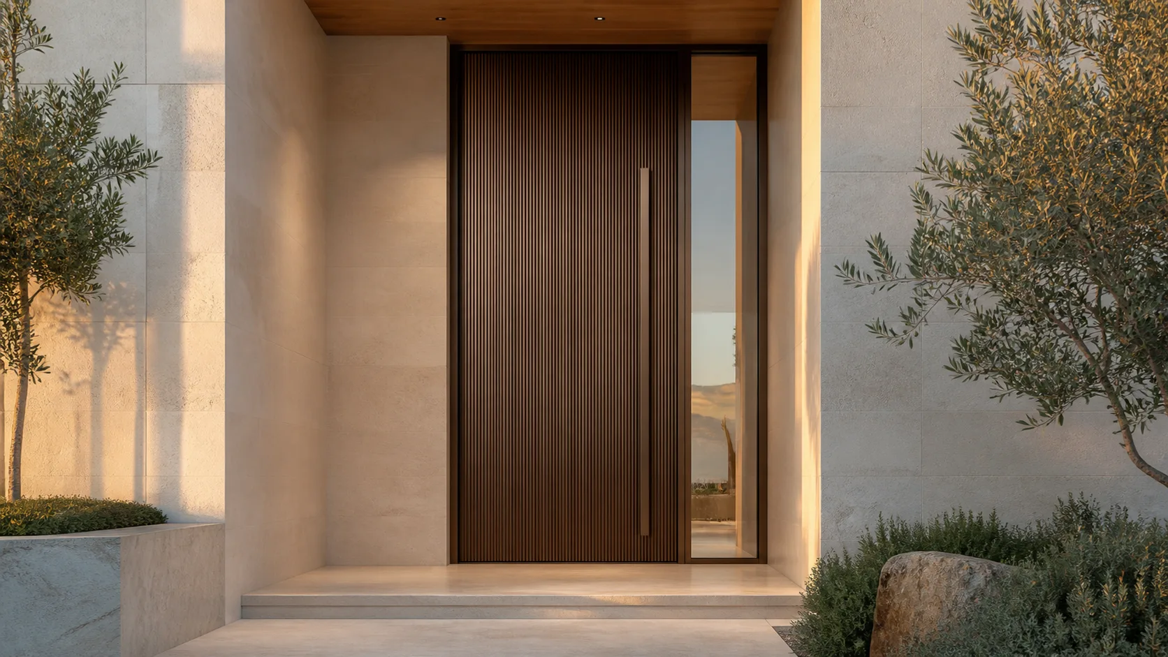 Tall ribbed bronze pivot entry door set into a pale limestone residence