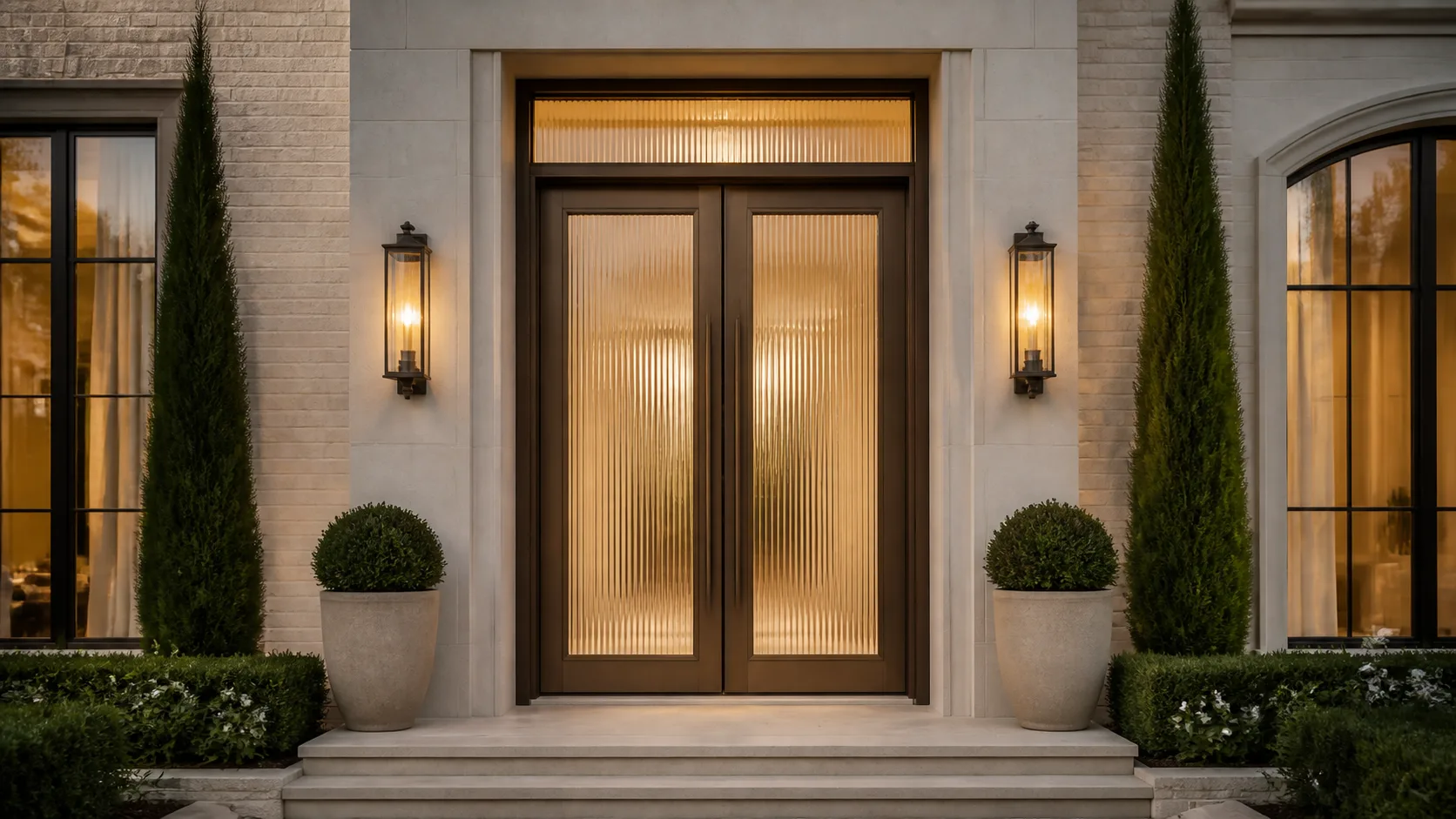 Warm bronze double entry doors with full-height fluted glass panels