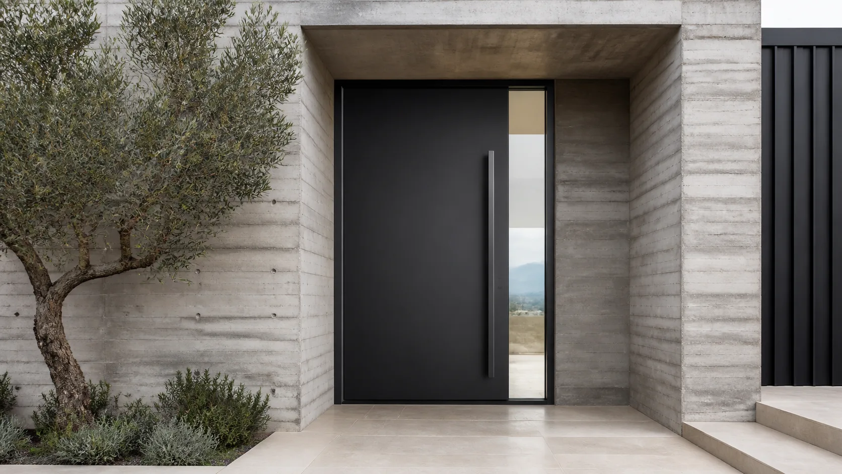 Matte-black pivot door with an offset vertical glass reveal in a concrete entry