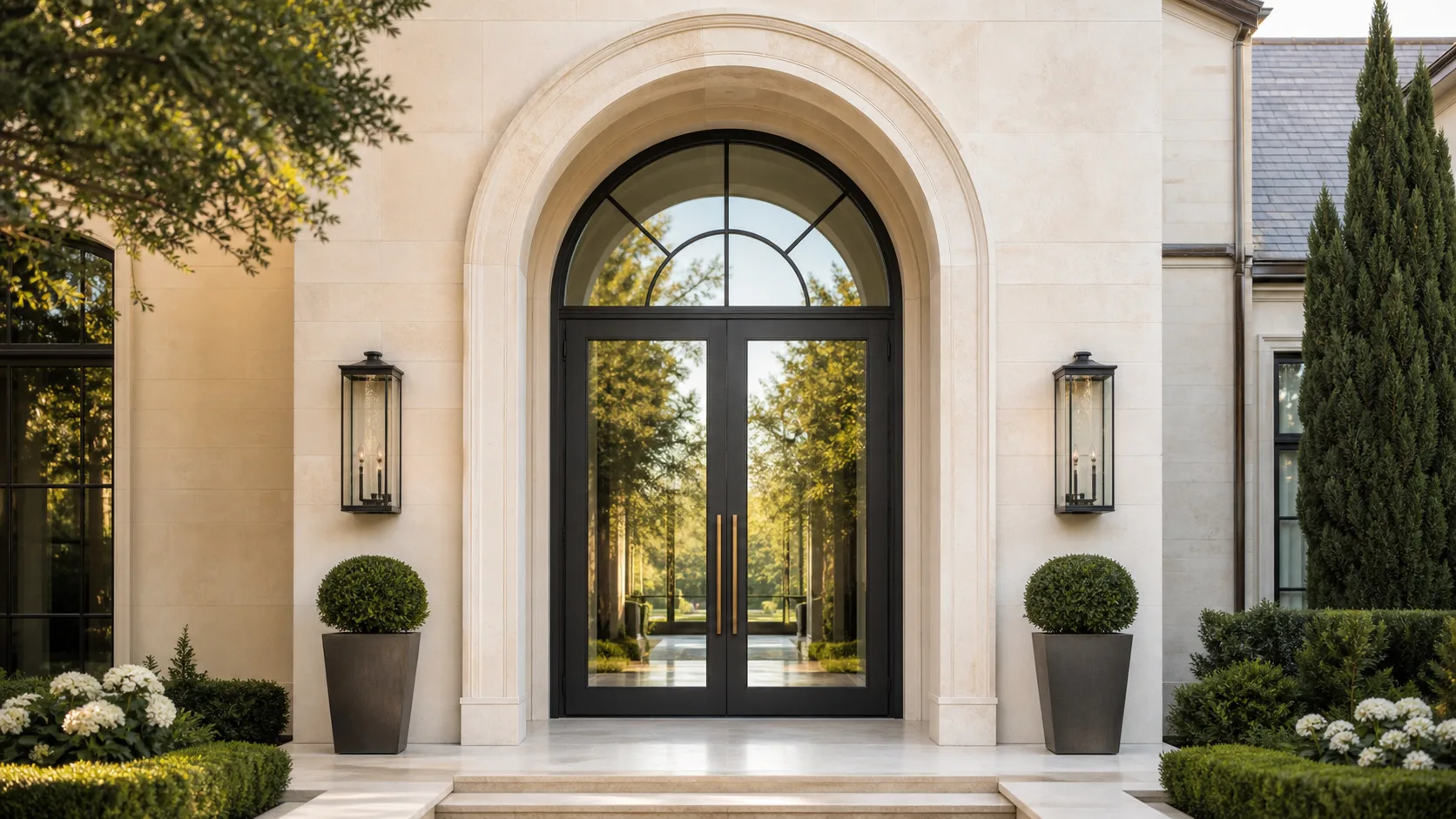 Full-arch steel-and-glass double entry doors in a limestone facade