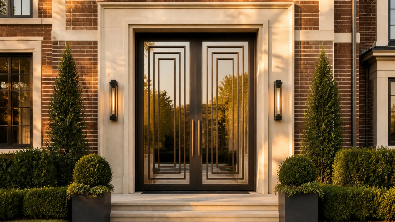 Dark-bronze double entry doors with elongated geometric steel detailing