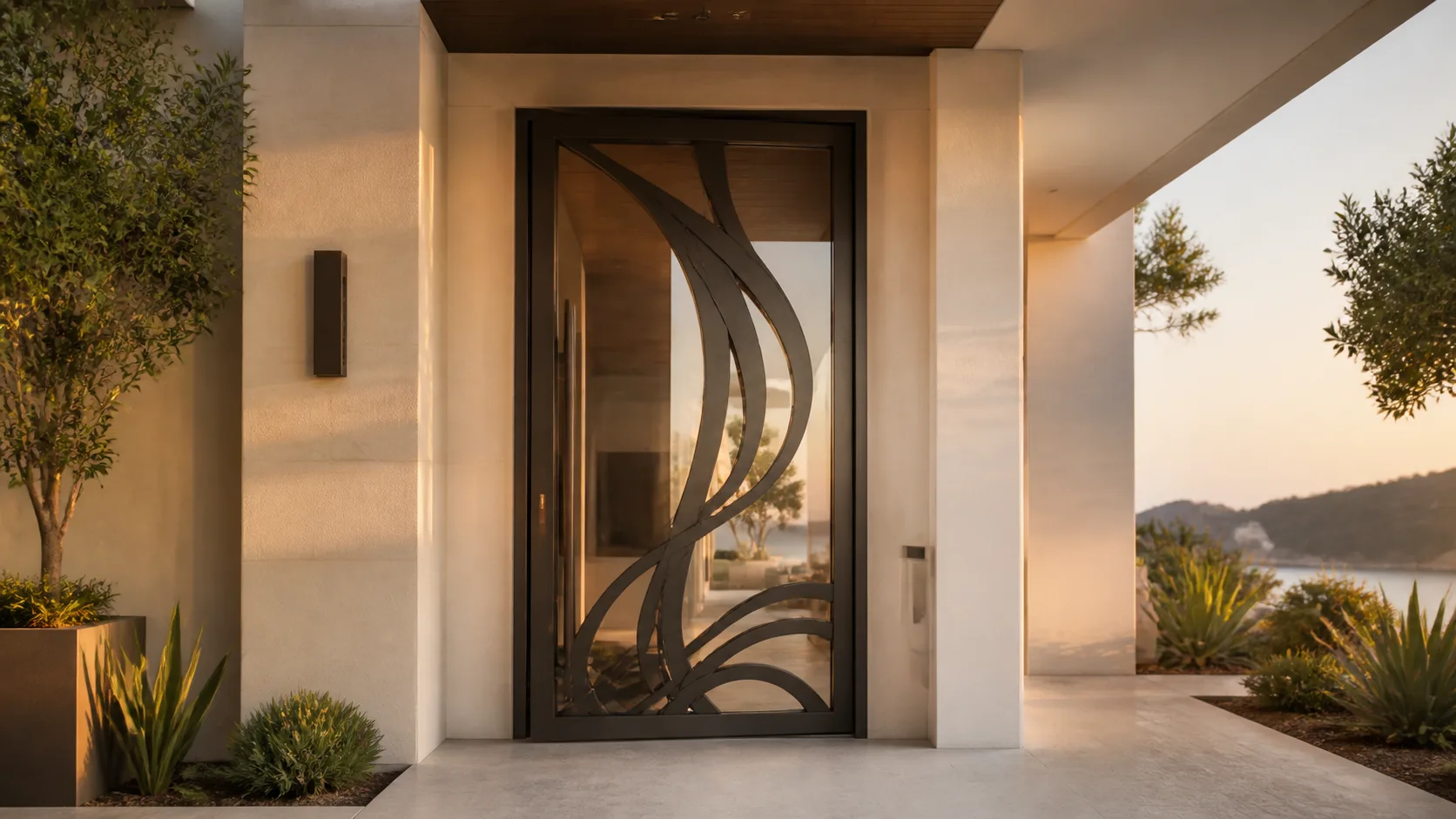 Glass pivot entry door with a sculptural blackened-steel forged screen