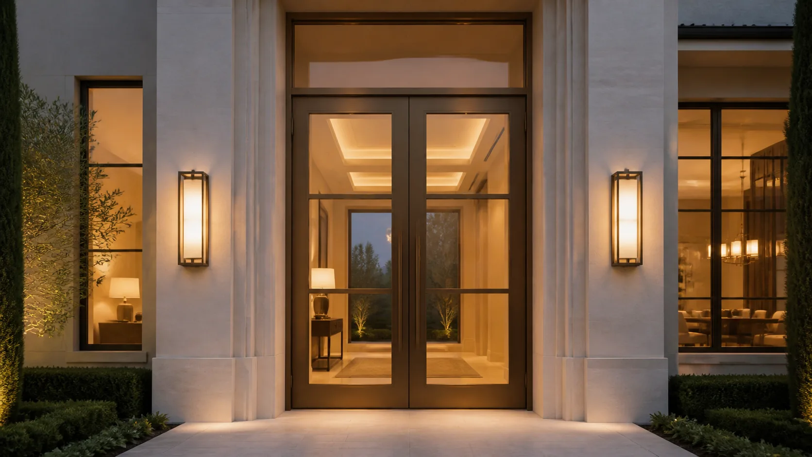 Oversized bronze-and-glass double entry doors with broad horizontal divisions