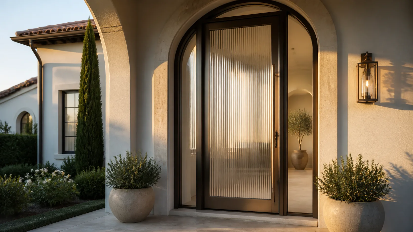 Antique-bronze pivot entry door with reeded glass in a Mediterranean arch