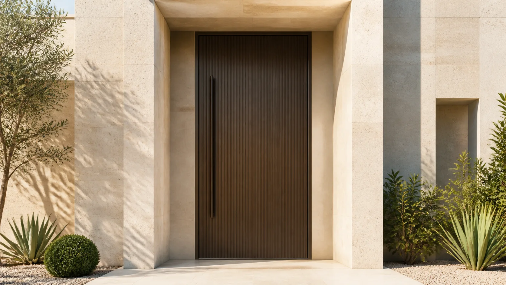 Monolithic warm-bronze pivot entry door in a limestone facade