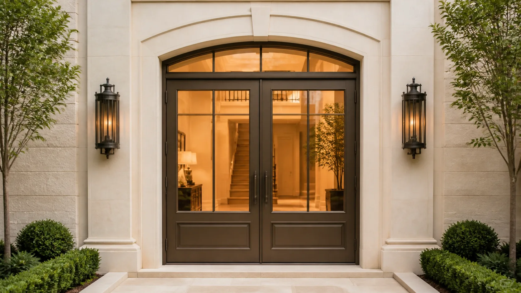 Steel-and-glass double entry doors beneath a shallow segmental arch